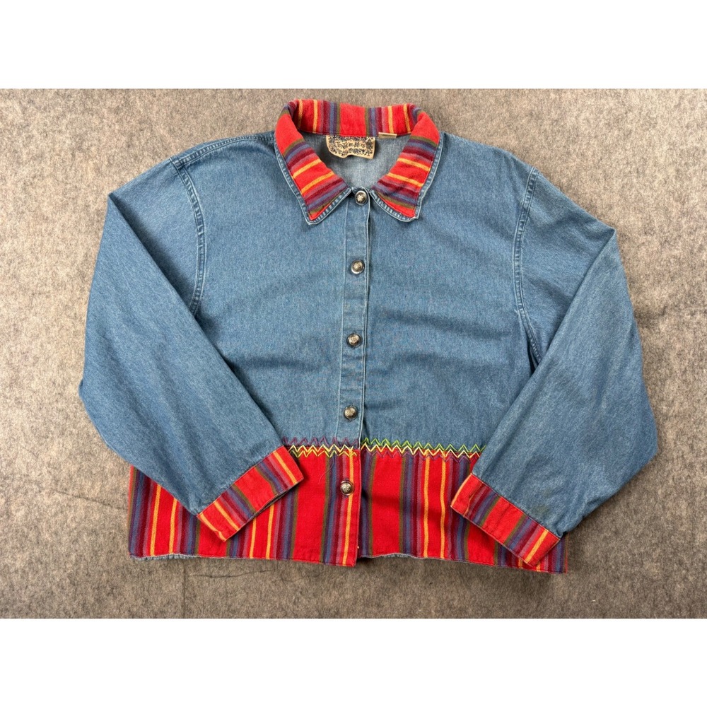 Tantrum Blues Denim Jacket Women XL Blue Cotton Boho Southwestern Floral Vintage